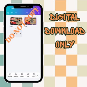 May include: A smartphone screen displays two digital design templates featuring a red race car with the text "Jonathan is" and the number 2. The background is a checkered pattern. The words "Digital Download Only" are in orange.