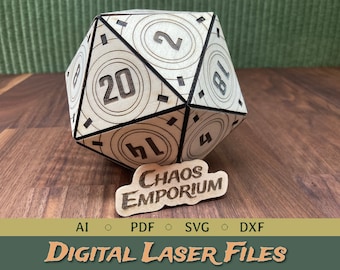 100mm Giant Icosahedron D20 FILES | DIGITAL files for Laser Cutting | pdf, dxf, ai, svg | works with 2.6mm, 3mm, 4mm, 5mm wood