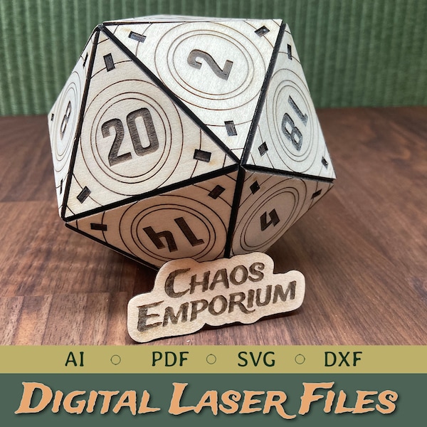 100mm Giant Icosahedron D20 FILES | DIGITAL files for Laser Cutting | pdf, dxf, ai, svg | works with 2.6mm, 3mm, 4mm, 5mm wood