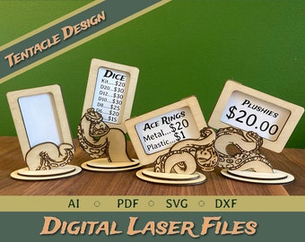 Tentacle Price Tag Sign Display Easel, DIGITAL LASER FILES |Flat Pack| Glowforge, xTool | Steampunk | Table Place Card Holders
