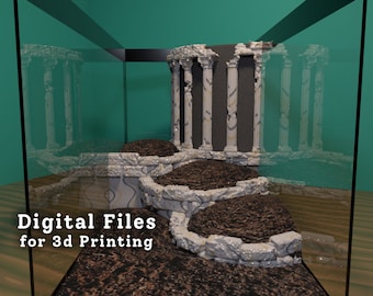 May include: A 3D printed model of a stone ruin with columns and steps. The model is in a glass display case. The text "Digital Files for 3d Printing" is visible in the lower left corner of the image.