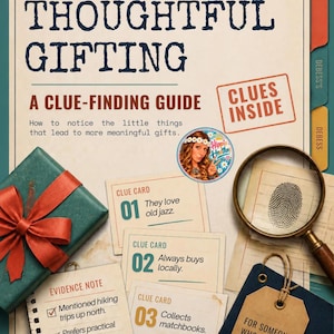 May include: A guide titled Thoughtful Gifting: A Clue-Finding Guide with a red-ribboned green gift, a magnifying glass over a fingerprint, three numbered clue cards, an evidence note checklist, and a tag reading For someone who notices the details.