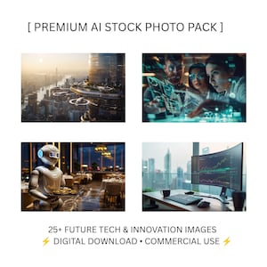 Può includere: Una collezione digitale intitolata PREMIUM AI STOCK PHOTO PACK che presenta quattro immagini: una città futuristica con veicoli volanti, persone che interagiscono con dati olografici, un robot che serve cibo e un monitor curvo con grafici.