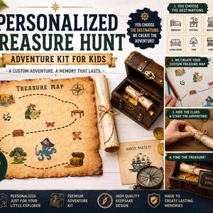 以下が含まれることがあります： 子供向けのパーソナライズされた宝探しアドベンチャーキット。 キットには、宝の地図、木製の宝箱、コンパスが含まれています。 地図のテキストは「Treasure Map」と書かれています。 永続的な思い出を作るように設計されています。