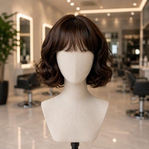 Peut inclure: Une perruque brun foncé arrivant aux épaules avec des ondulations douces et une frange droite, présentée sur une tête de mannequin beige. Les cheveux présentent une coupe dégradée avec du volume sur les côtés et une texture lisse.