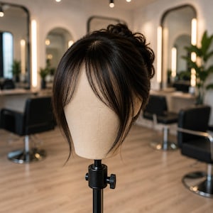Op de afbeelding: Een donkerbruin haarstuk met warrige pony en opgestoken kapsel, gepresenteerd op een beige etalagepophoofd. Het haar is in een zachte, volumineuze knot bovenop het hoofd geplaatst, met lange lokken die het gezicht natuurlijk omlijsten.