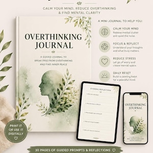 Puede incluir: Un diario de reflexión imprimible y digital en PDF con una portada que muestra una silueta de cabeza y hojas en acuarela verde. Incluye una tableta que muestra una página de reflexión nocturna y un teléfono con el título del diario.