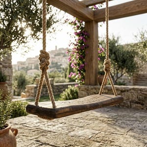 May include: A wooden swing seat with a dark brown finish suspended by two thick, natural-coloured twisted jute ropes. The seat features a rectangular shape with rounded edges and a smooth, polished surface, hanging from sturdy knots.
