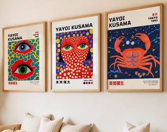 Set of 3 Yayoi Kusama Posters, Triptych Contemporary Japanese Art, Modern Wall Decor, Colorful Abstract Prints.
