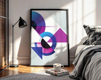 Bauhaus Geometric Composition Poster, Purple Blue Abstract Print, Modern Constructivist Wall Art, Chic Minimalist Decor, Avant Garde Pattern