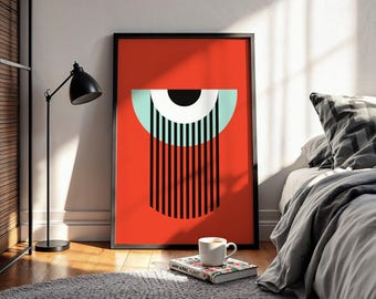 Bauhaus Abstract Eye Poster, Red Geometric Wall Art, Mid Century Modern Print, Avant Garde Graphic Poster, Minimalist Bold Decor, Framed Art