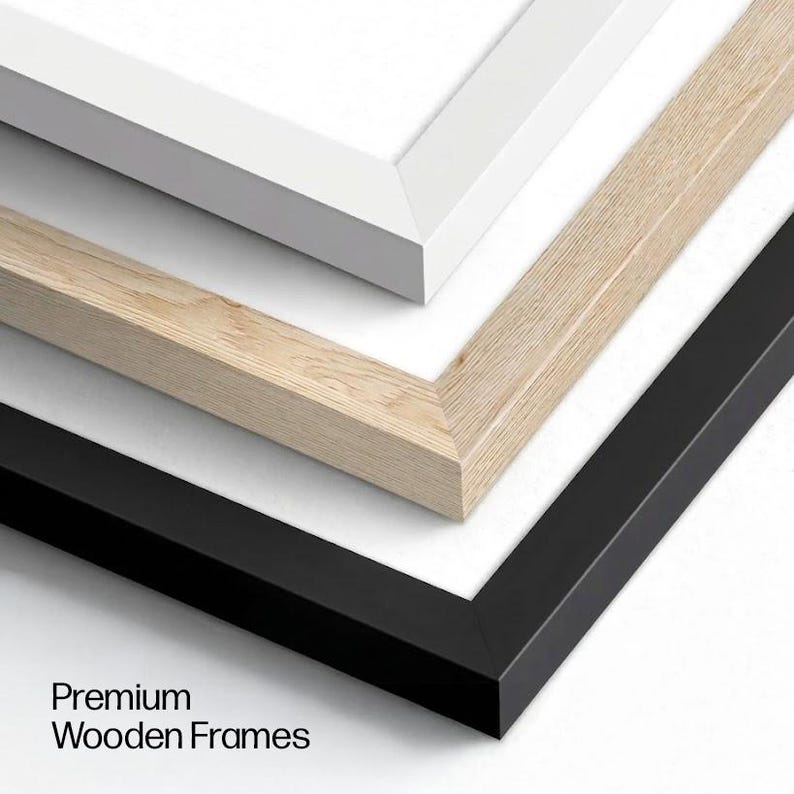 Pu&ograve; includere: Una pila di tre cornici rettangolari in legno viste da un angolo. La cornice superiore &egrave; bianca, quella centrale ha una finitura in legno chiaro naturale e quella inferiore &egrave; nera. Il testo Premium Wooden Frames &egrave; stampato in nero.