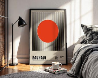 Bauhaus Red Circle Poster, Geometric Op Art 1923 Print, Minimalist Vertical Line Canvas, Chic Home Decor, Vintage Japanese Aesthetic.