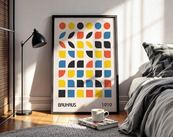 Bauhaus 1919 Poster, Colorful Geometric Print, Abstract Mid Century Wall Art, Retro Modern Shape Poster, Grid Pattern Artwork, Framed Print
