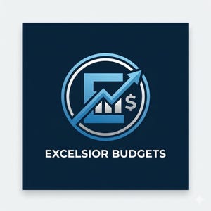 May include: A logo featuring a blue and silver circular emblem with a stylized letter E, an upward-pointing arrow, and a dollar sign symbol. Below the emblem, the text EXCELSIOR BUDGETS is displayed in white capital letters on a dark blue background.