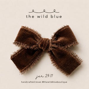 May include: A dark brown velvet bow with frayed edges. The text "the wild blue" is printed above the bow, and "jer. 29:11" and "handcrafted bows @thewildblueboutique" are printed below the bow on a light, neutral-colored background.