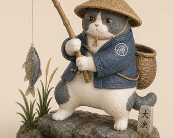 Statuetta di gatto pescatore dipinta a mano con cappello lilla / Decorazione stravagante per gatti