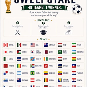 May include: A World Cup 2026 sweepstake game sheet by The Sporting Ladder featuring a gold trophy, a football, and instructions on how to play. The sheet lists 48 national teams with their respective flags, ending with the text May the best team win!