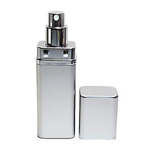 May include: A silver perfume atomizer with a rectangular body and a matching cap. The atomizer has a spray nozzle and a sleek, modern design. The cap is detached and placed beside the bottle.