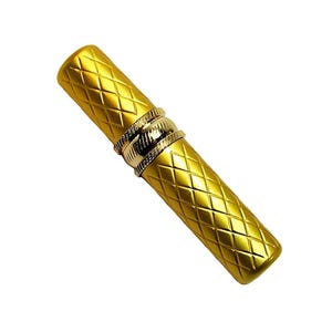 May include: A cylindrical gold-coloured metal atomiser bottle featuring a diamond-patterned texture on the main body. The centre of the bottle is accented with a decorative, ribbed silver-toned band that separates the top and bottom sections.