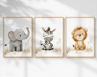 Set di 3 stampe da parete con animali della savana per la cameretta dei bambini: leone, zebra, elefante. Decorazioni scandinave per la cameretta dei bambini, poster su tela per la stanza dei neonati.
