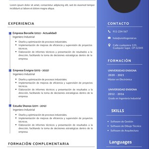 Puede incluir: Una plantilla de currículum profesional para Raúl Jiménez, ingeniero industrial. El documento presenta un diseño de dos columnas con una barra lateral azul, incluyendo secciones de experiencia, contacto, formación, habilidades e idiomas.