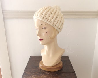 The First Snow 1960s Cream Wool Knit Winter Hat with Pom Pom Detail