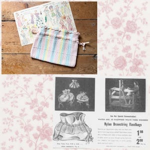 May include: A pastel striped drawstring bag with a white cord closure rests on a wooden surface next to a vintage fashion illustration. The bag features pink, blue, yellow, and white stripes.