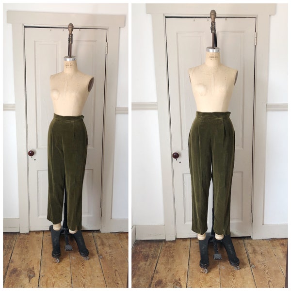 Garden Path 1950s Olive Green Velvet High Waisted Pants/Trousers/Size Small/26" Waist