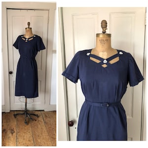 Evening Star 1950s Short Sleeve Navy Blue Dress with Cut Out Neckline/Rhinestone Details/Size Small