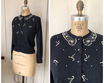 Under Your Spell 1950s Long Sleeve Black Cardigan with Beading/Rhinestone Details/Size Small