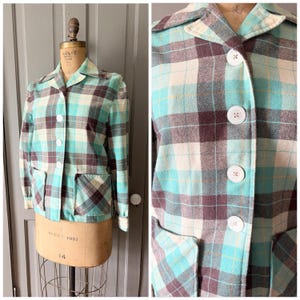Wolkenjas met lange mouwen uit de jaren 50 in aqua/bruin/crème/geel geruit patroon / Pendleton 49er-stijl / Maat Small