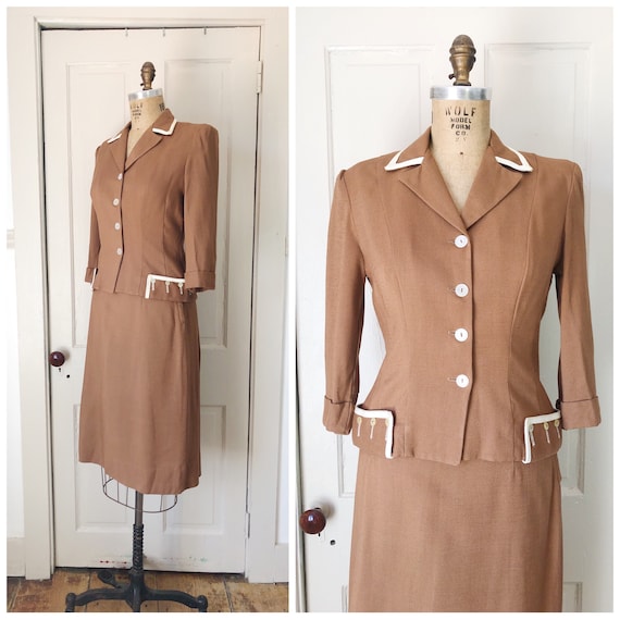 Lecture Hall 1940s Brown and White Jacket & Skirt