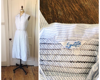 From the Seashore 1950s Blue & White Seersucker Cotton Dress