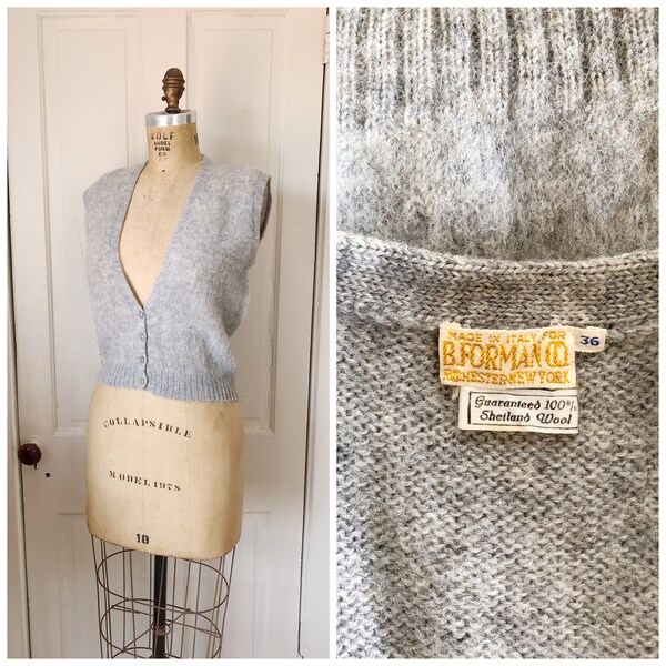 Class Notes 1950s Grey Shetland Wool Sweater Vest with Button Details/Made In Italy/Size Small