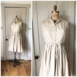 A Study In Words 1950s/1960s NOS Sleeveless Beige/Neutral Cotton Shirtwaist Dress/Size Medium
