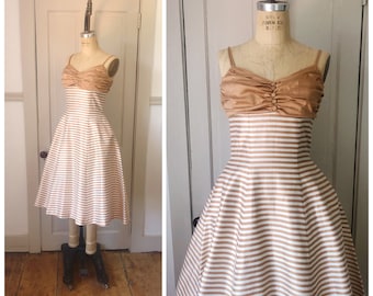 Countryside Soirée 1950s Caramel & White Stripe Cotton Dress/Size XS