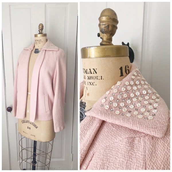 Letters of Love 1950s Short Pink Wool Coat with Rhinestone/Button Trim Collar/Size Medium