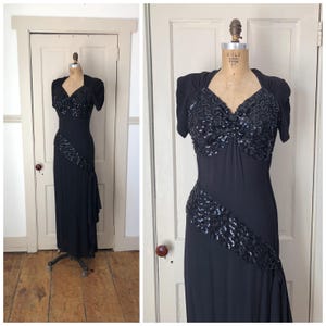 Glimmering Sky 1940s Short Sleeve Black Rayon Crepe Gown with Black Sequin Details/Size Small