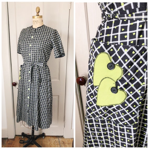 Hello, Love 1950s Black and White Plaid/Lime Green