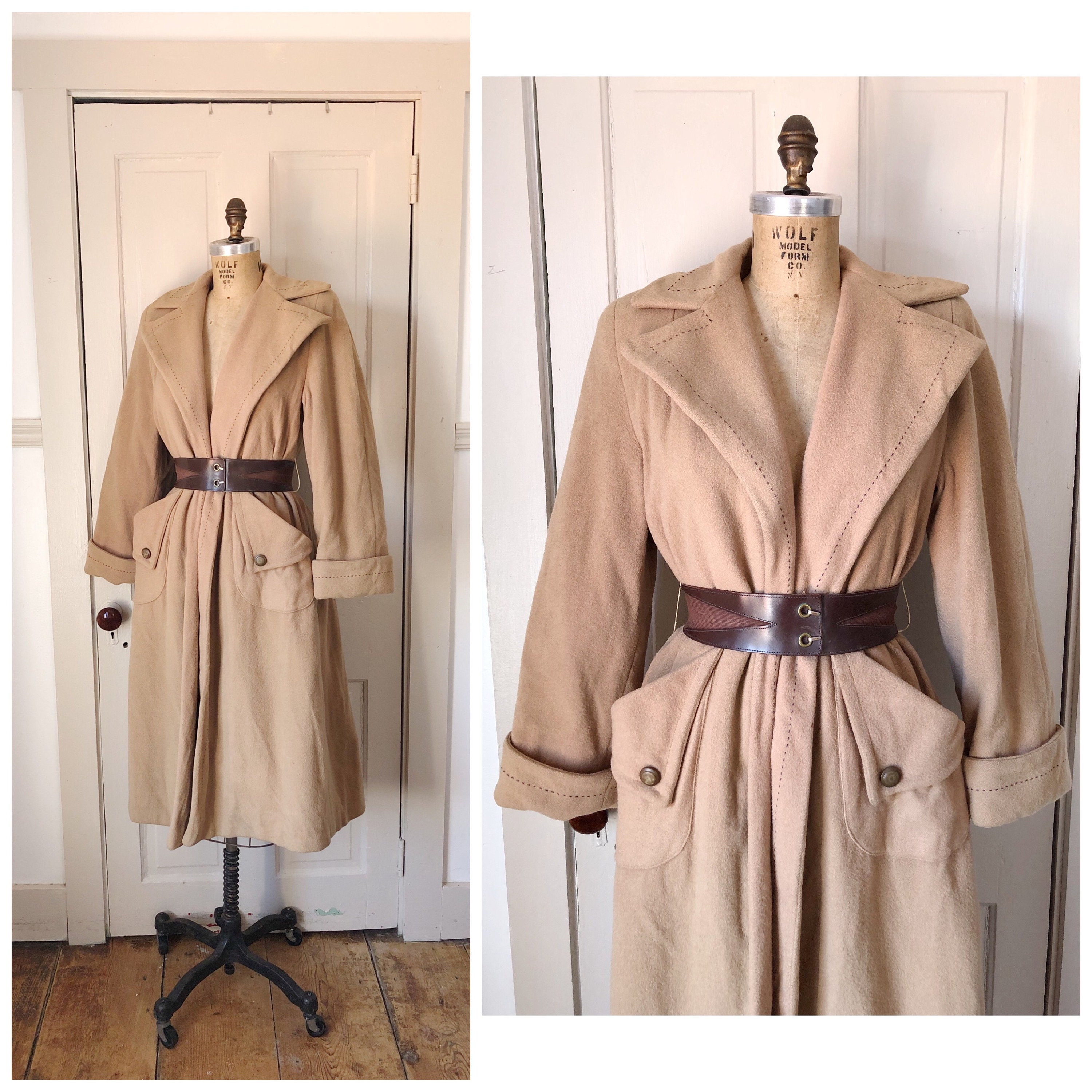 Real Vintage Search Engine Clues in The Attic 1940S Beige Wool Belted Princess Coat With Brown Stitch Details $108.00 AT vintagedancer.com