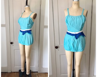 Waves On The Shore 1950s Rose Marie Reid Aqua One Piece Swimsuit with White/Blue Stripe Waist/Bow Detail/Size XS/Small