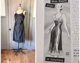 I Wished the Moon 1940s Miss Swank Black Slip/Nightgown with Crescent Moon/Star Embroidery/Size XS/Small