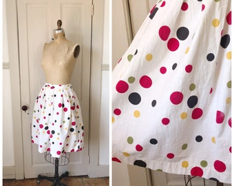 Jupe en coton imprimée sous le chapiteau années 1950 blanche/noir/rouge/vert olive/jaune à pois/taille petite