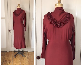 Romance Of Night 1930s Garnet Red Long Sleeve Gown with Petal Details/F.O.G.A./Fashion Originators Guild/Size Small/Medium
