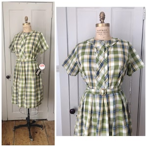 Books & Pages 1960s NOS Green/Navy Blue/Mustard Yellow/Cream Plaid Print Dress/Size Medium
