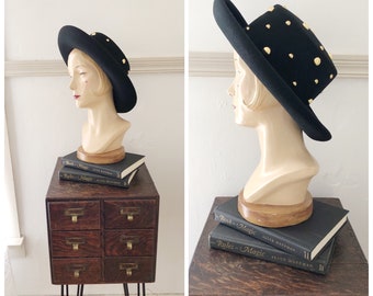 In The Light 1980s/1990s Black Wool Felt Hat with Embellished/Gold Metal Studs