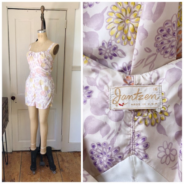 Darling Day 1950s Jantzen Peach/Purple/Yellow/Orange Floral Watercolor Print Swimsuit/Size Small