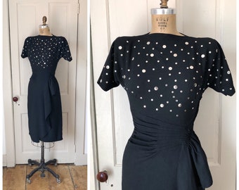 Moonlight Serenade 1940s Black Wool Dress with Circular Silver Metal Studs/Size XS