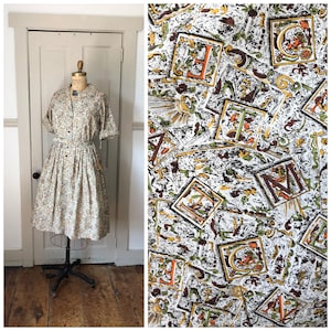 Autumn Sunrise 1960s Kurzarm Kleid Weiß/Grün/Gelb/Braun/Orange/Schwarz Alphabet/Sun Print/Größe Medium